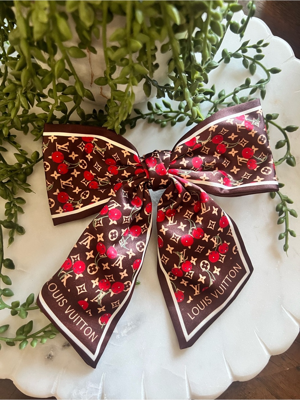 LV Brown & Red Cherry Monogram Hair Bow